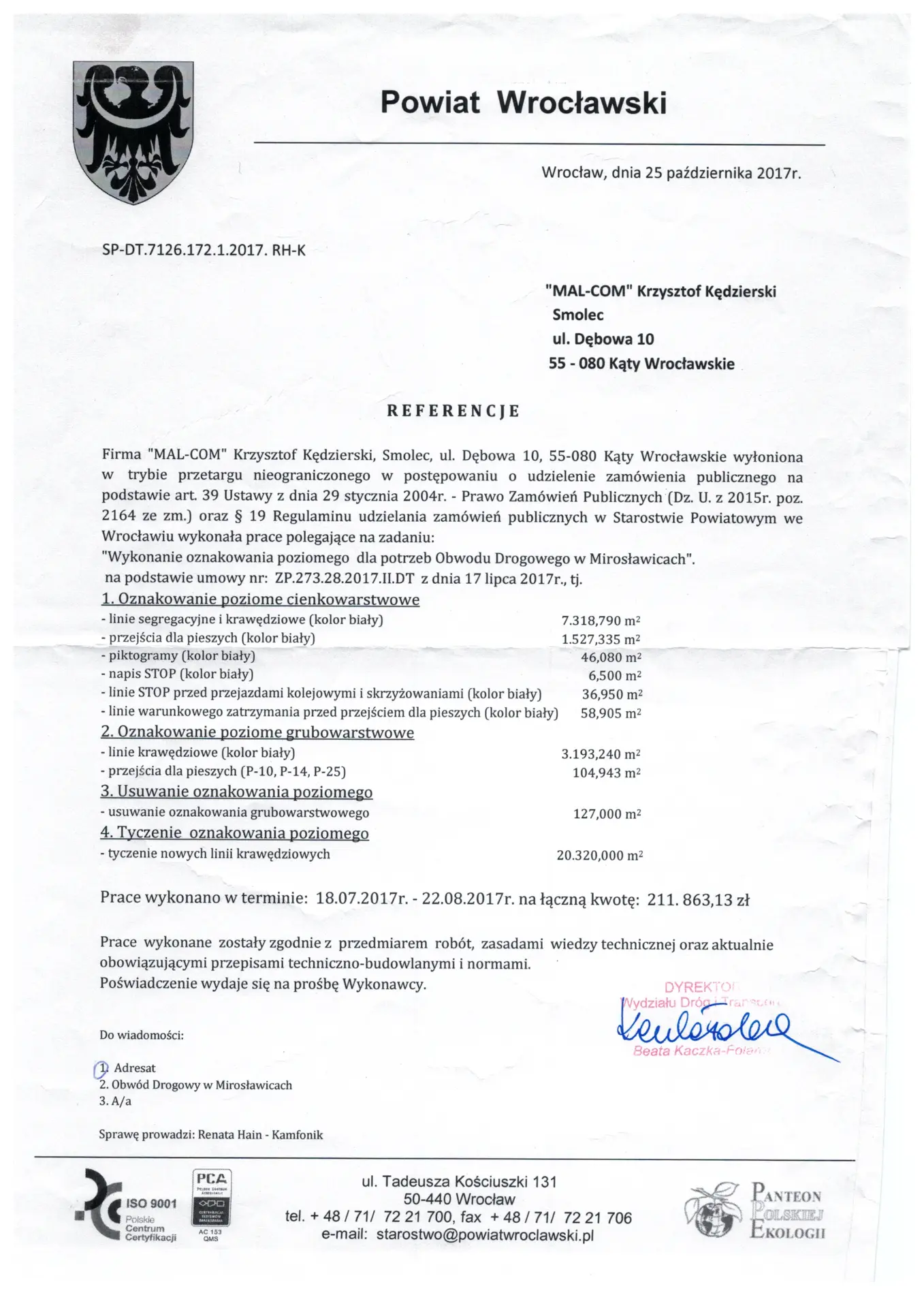 Poświadczenie wystawione przez Powiat Wrocławski