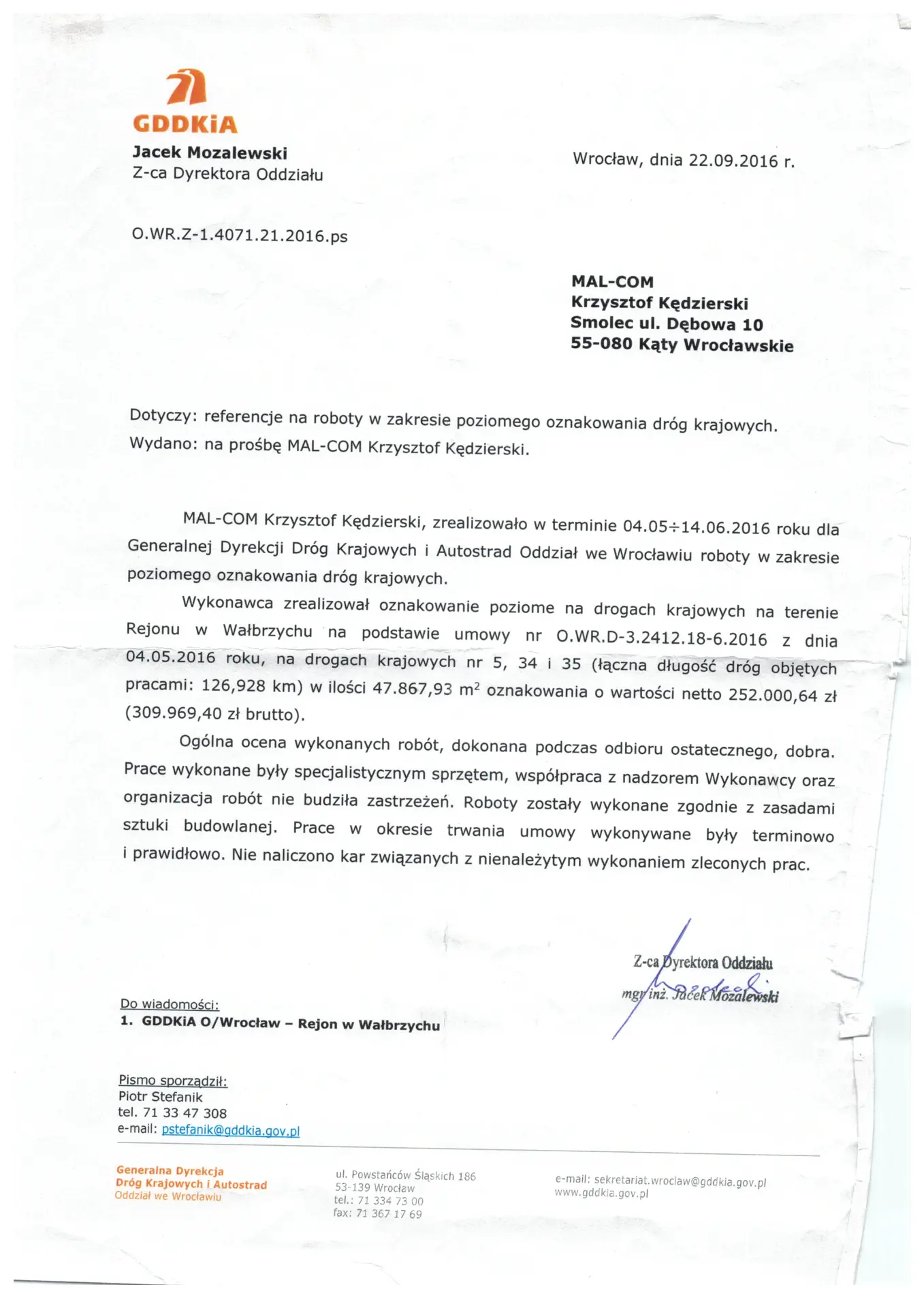 Poświadczenie wystawione przez GDDKiA Wrocław