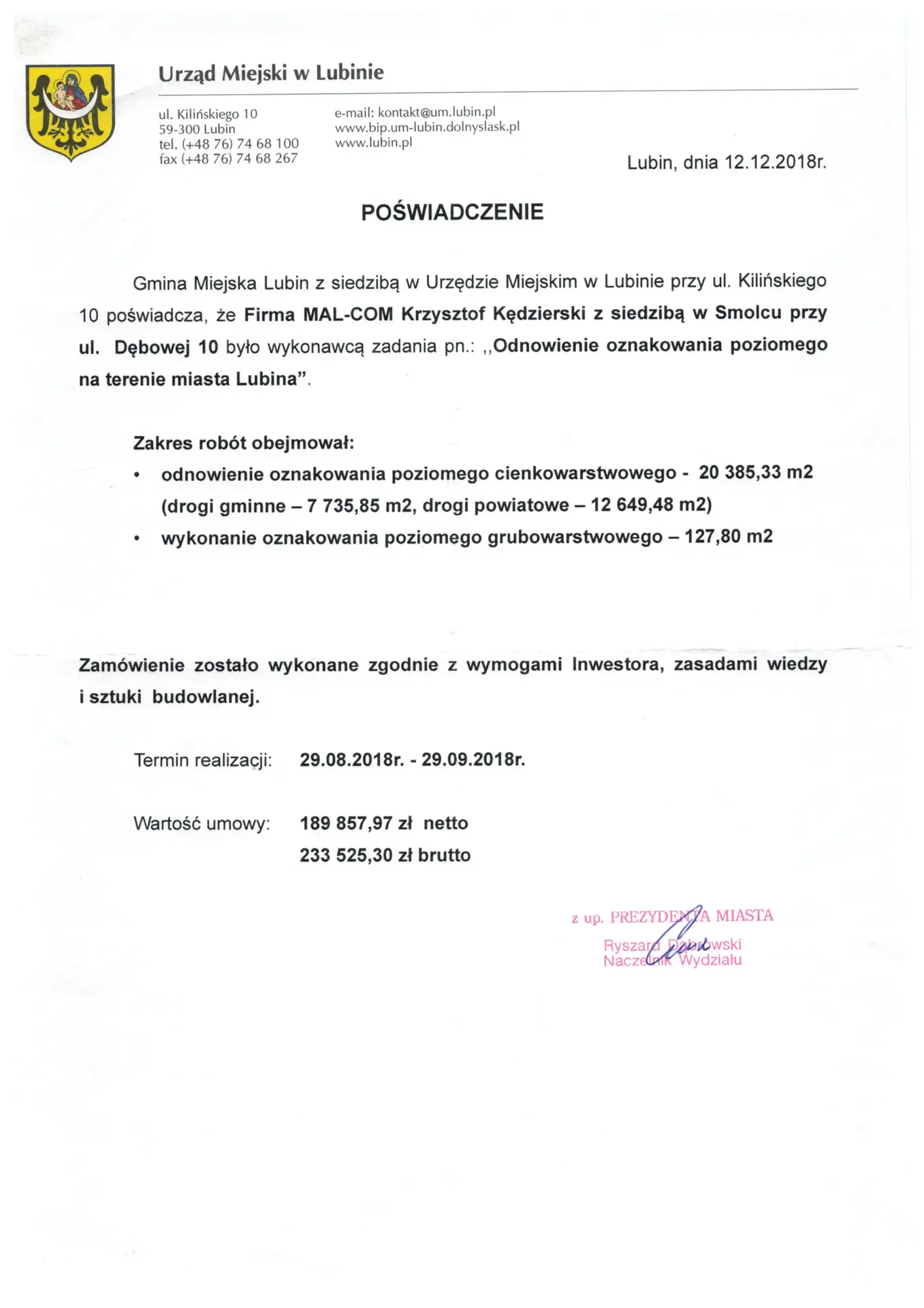 Poświadczenie wystawione przez Urząd Miejski w Lubinie
