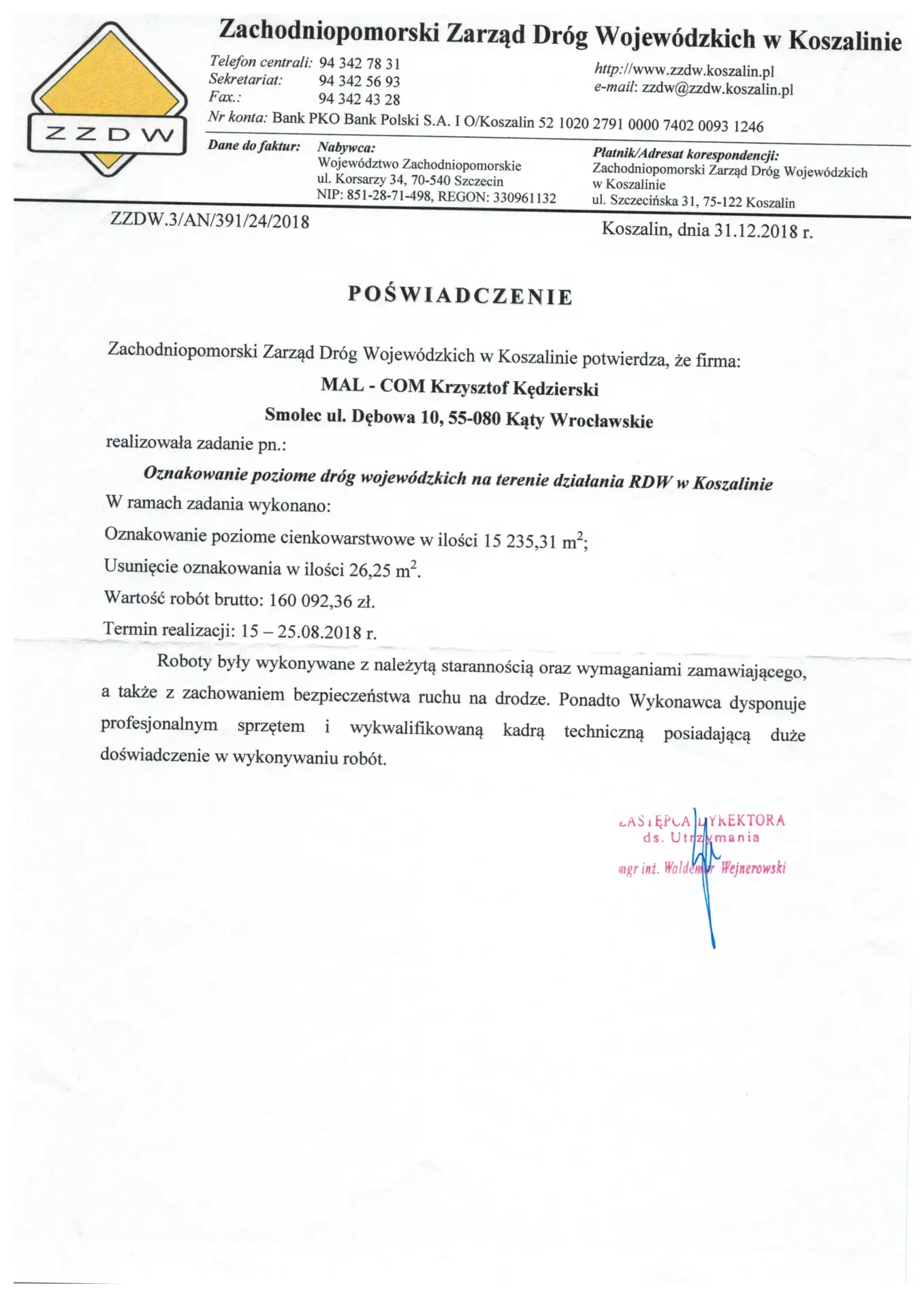 Poświadczenie wystawione przez ZZDW w Koszalinie