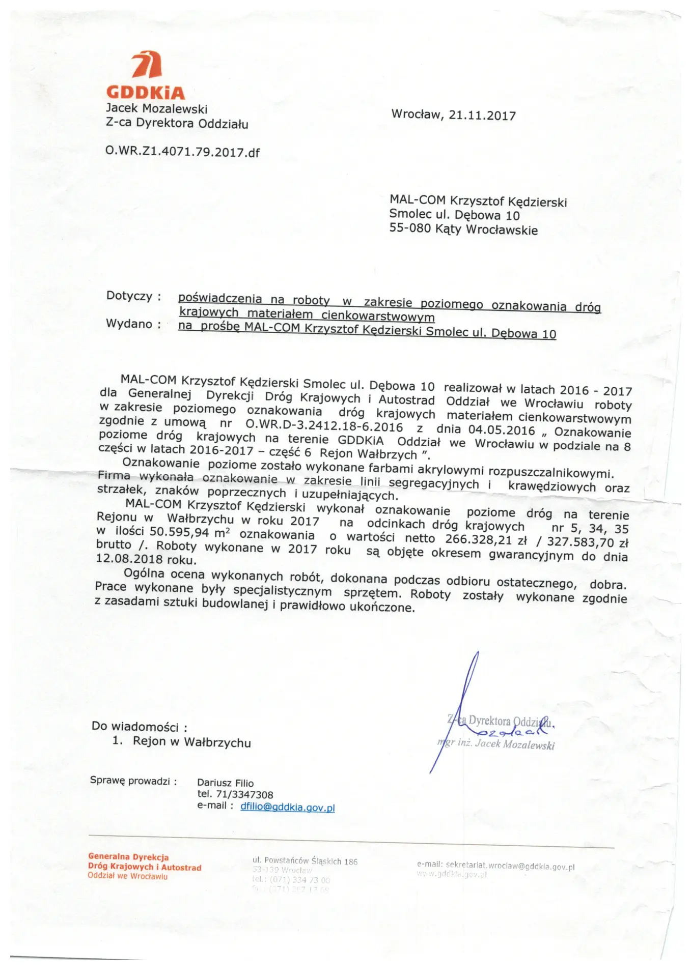 Poświadczenie wystawione przez GDDKiA Wrocław