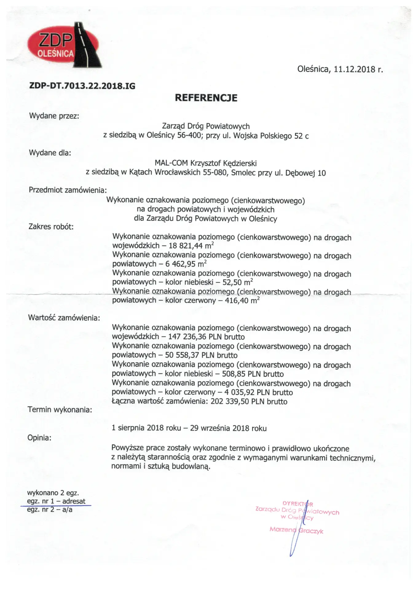 Poświadczenie wystawione przez ZDP w Oleśnicy